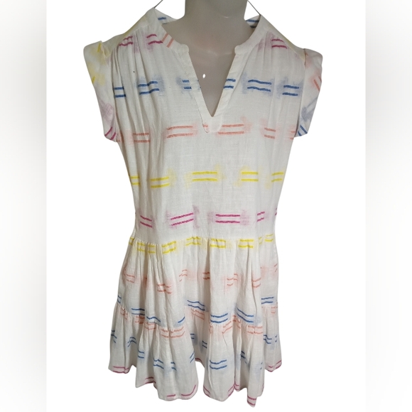 Oliphant Colorful Rainbow Stripe V Neck Cap Sleeve Pocket Cotton Midi Dress Sz S - Picture 2 of 10